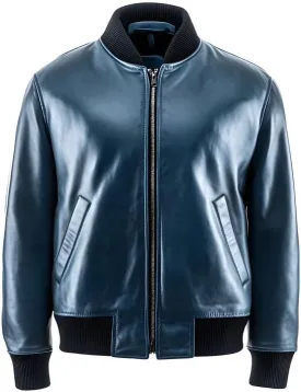 Men's Steel Blue Genuine Sheep Leather Bomber Jacket  Varsity Style Black Ribbed Trim Coat