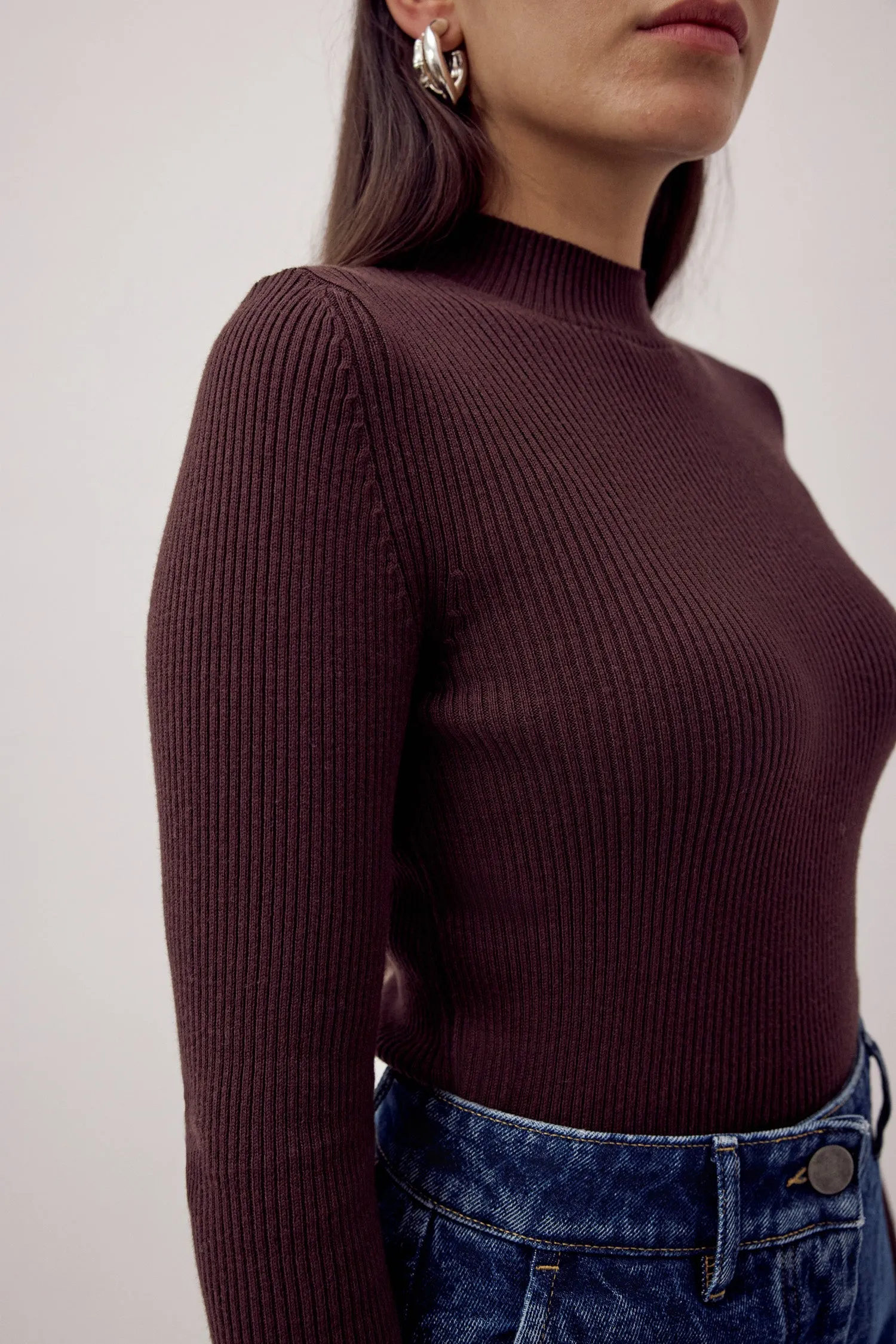 Mona Fine Knit Mock Neck Brown