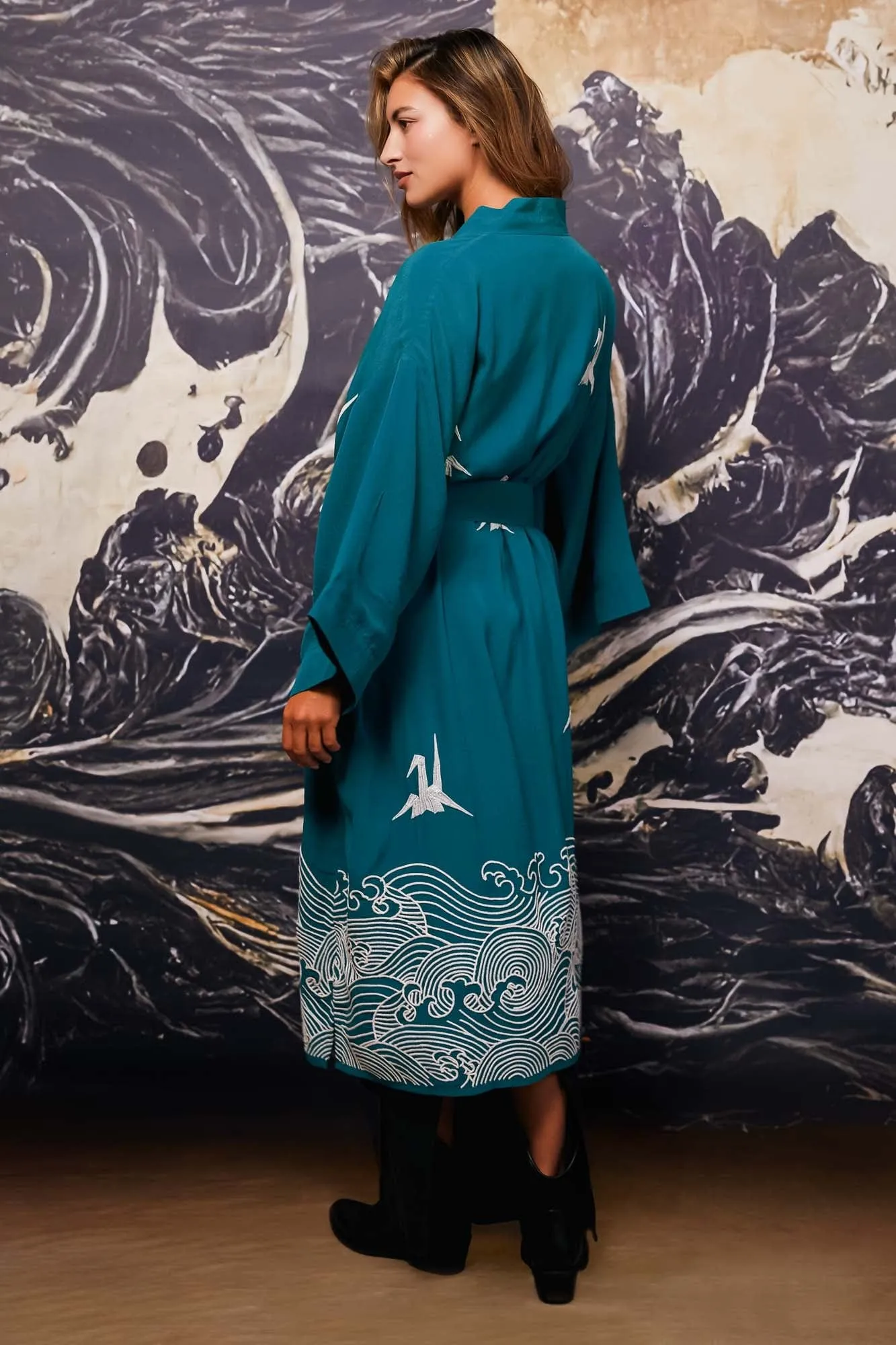 Origami & Hokusai Wave Embroidered Fully Lined Deep Teal Long Kimono