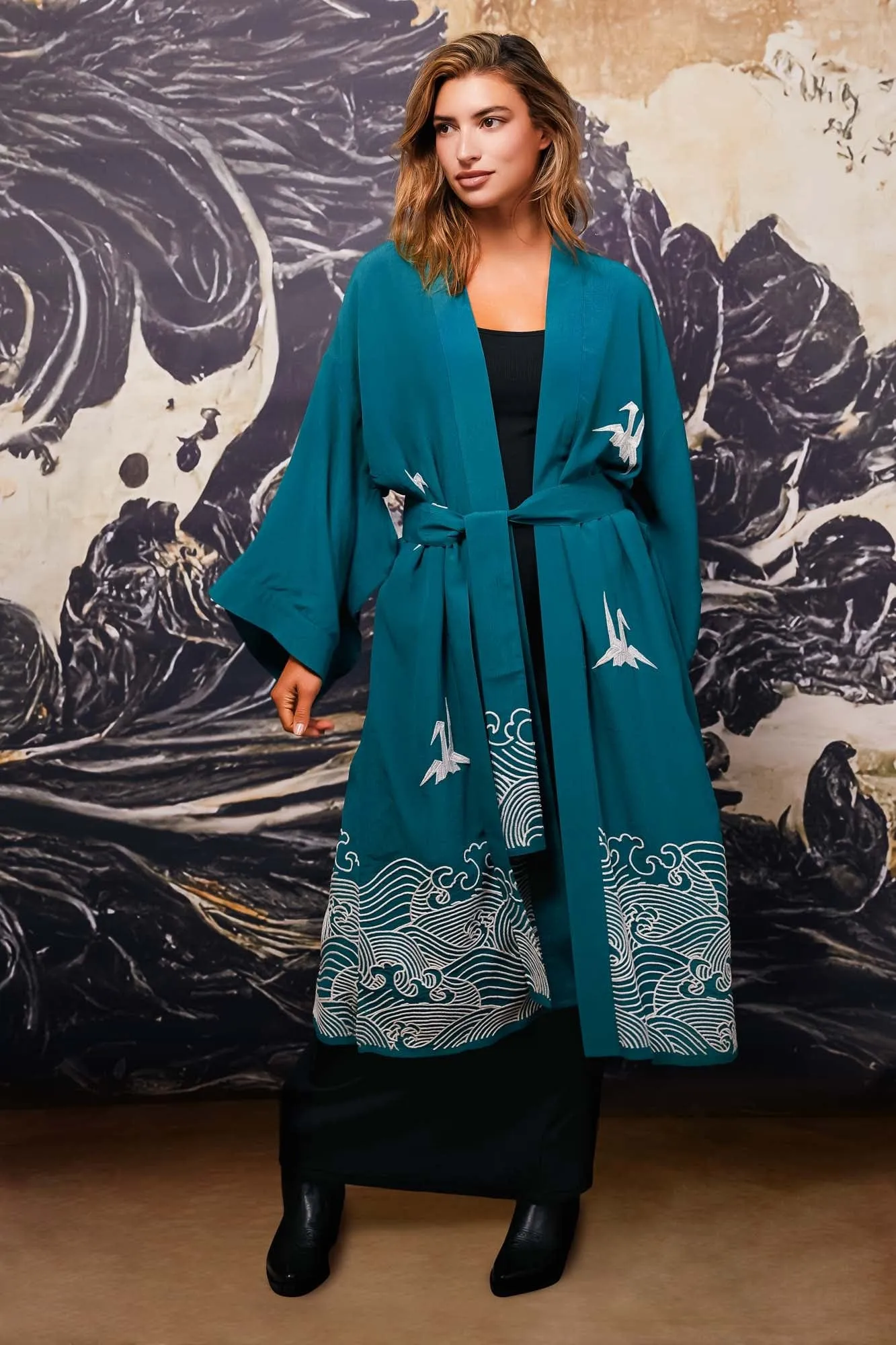 Origami & Hokusai Wave Embroidered Fully Lined Deep Teal Long Kimono