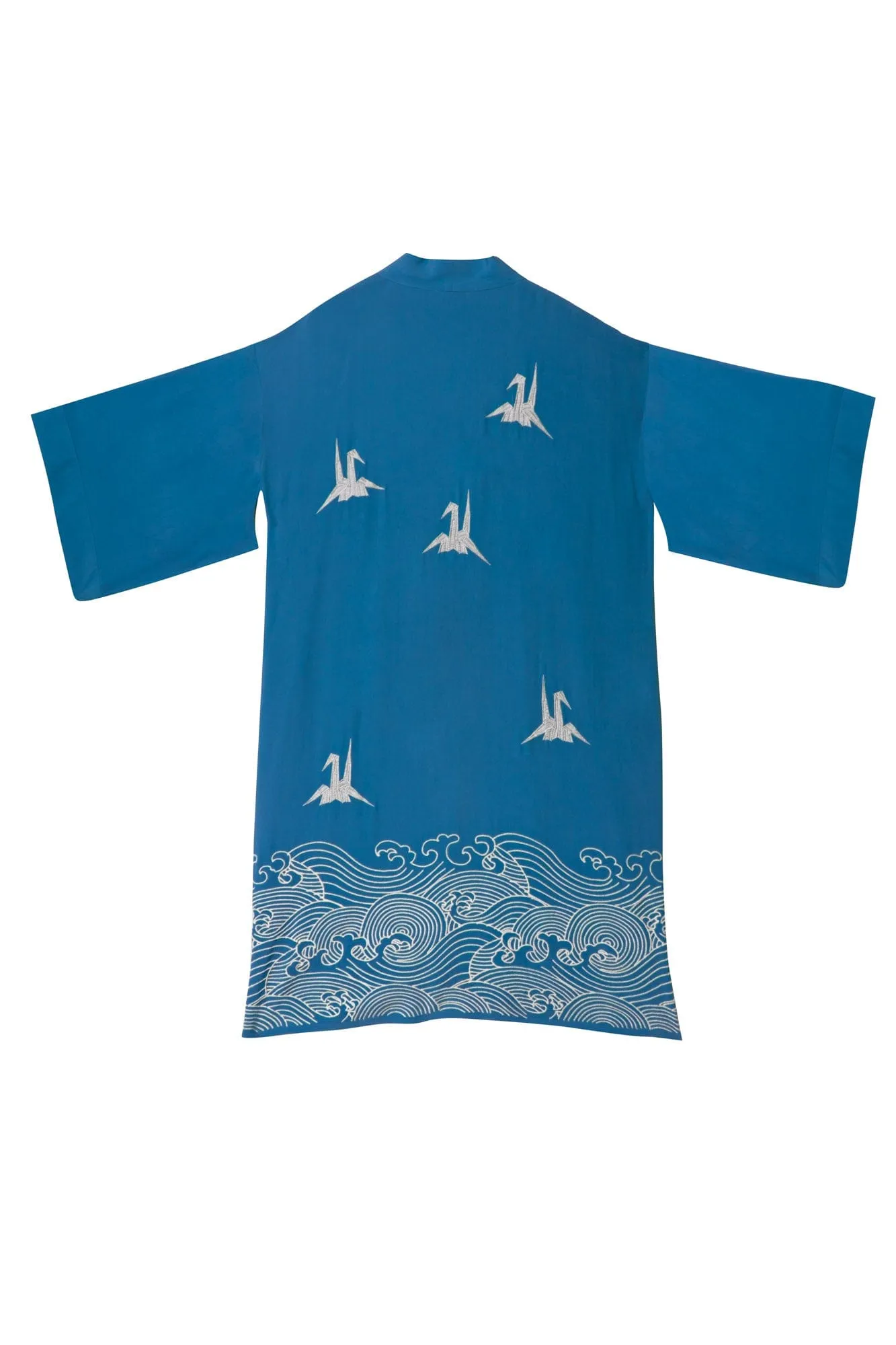 Origami & Hokusai Wave Embroidered Fully Lined Deep Teal Long Kimono
