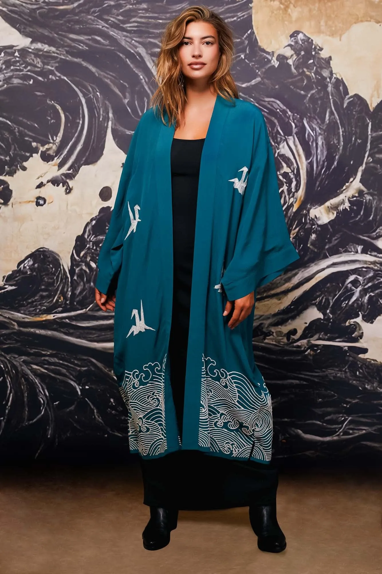 Origami & Hokusai Wave Embroidered Fully Lined Deep Teal Long Kimono