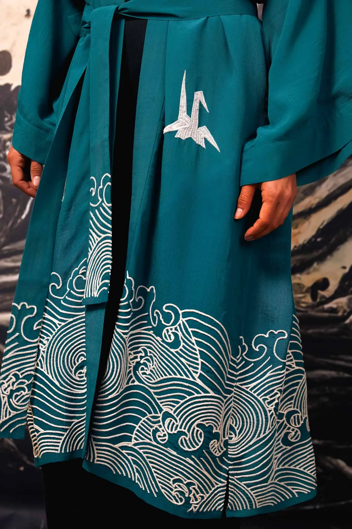 Origami & Hokusai Wave Embroidered Fully Lined Deep Teal Long Kimono