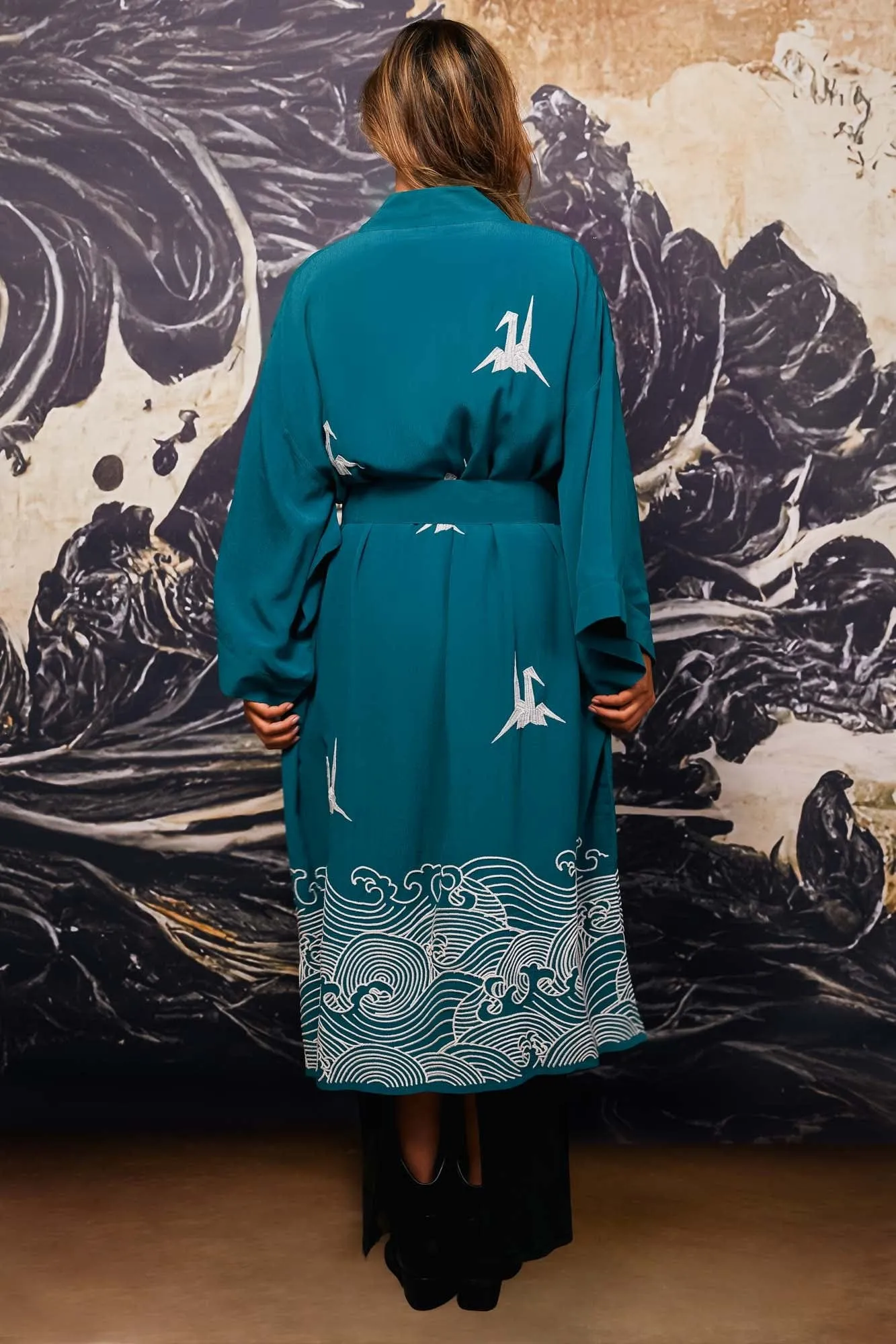 Origami & Hokusai Wave Embroidered Fully Lined Deep Teal Long Kimono