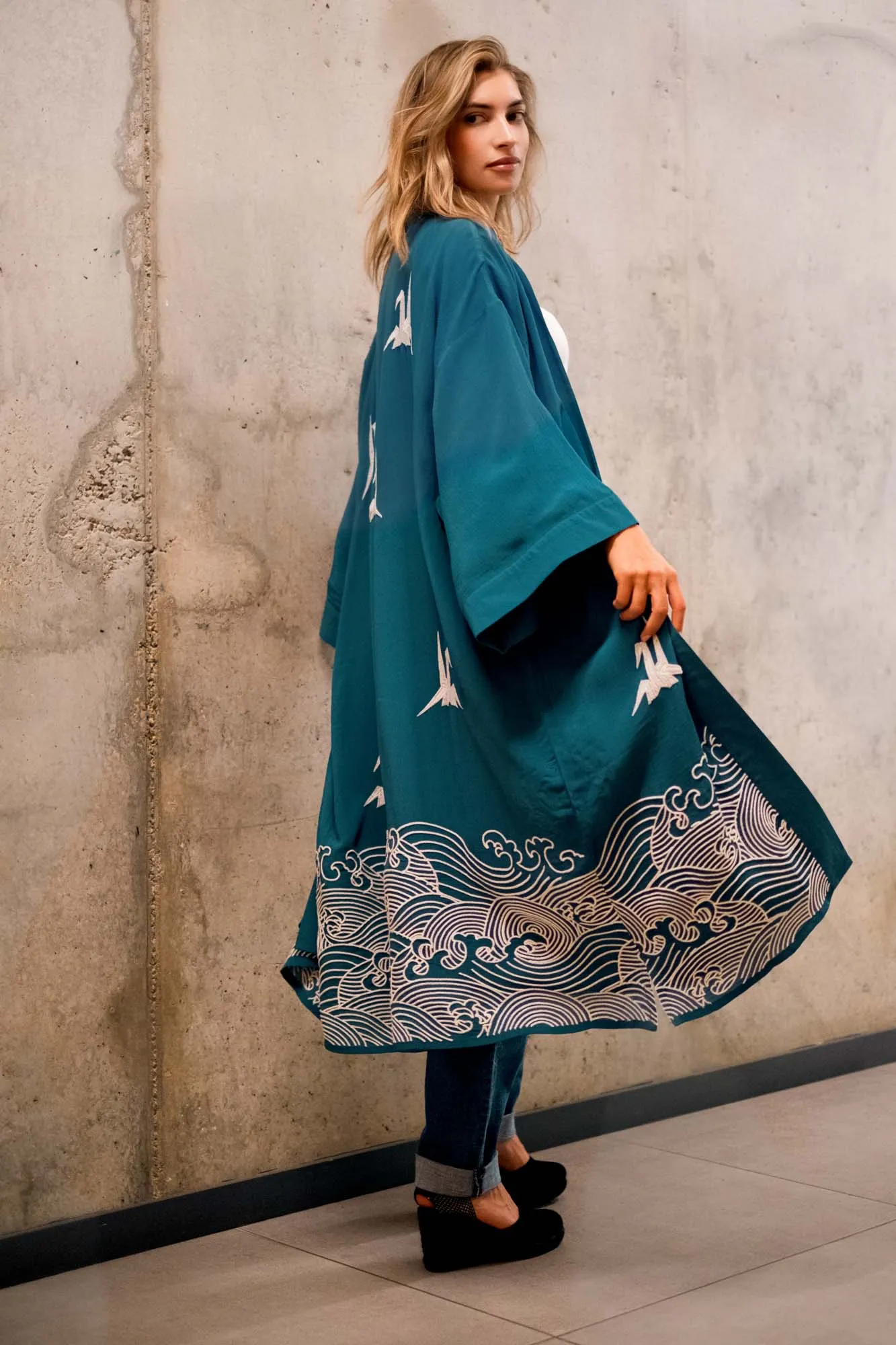 Origami & Hokusai Wave Embroidered Fully Lined Deep Teal Long Kimono