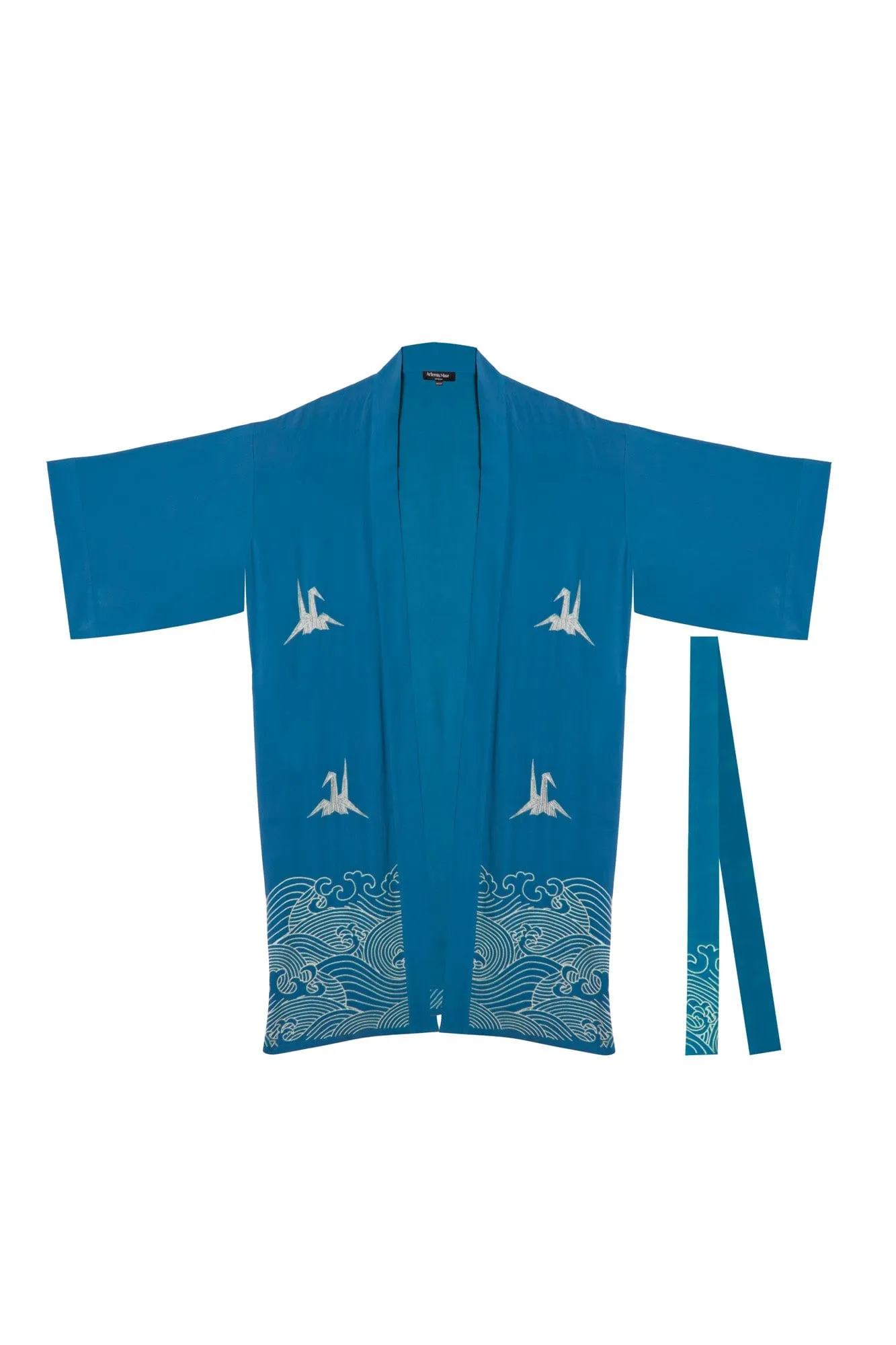 Origami & Hokusai Wave Embroidered Fully Lined Deep Teal Long Kimono