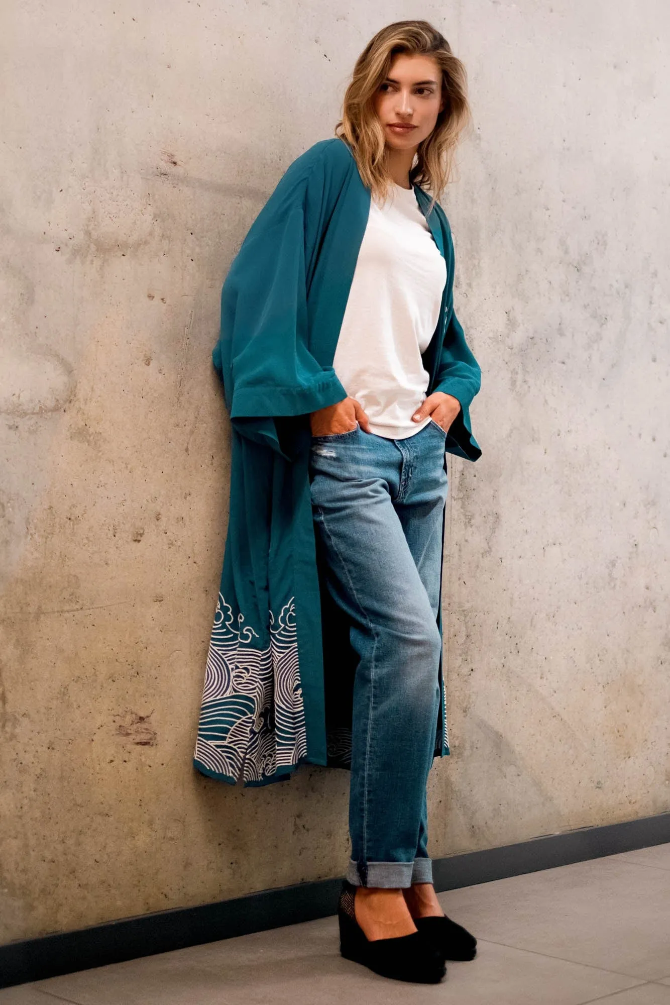 Origami & Hokusai Wave Embroidered Fully Lined Deep Teal Long Kimono