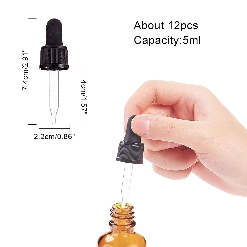 PH PandaHall Set of 12, Glass Eye Droppers for Essential Oil 10ml (1/3 Ounce) Pressure Rotating Cover Oil Droppers Pipettes Roller Tops for 10ml Essential Oil Bottles
