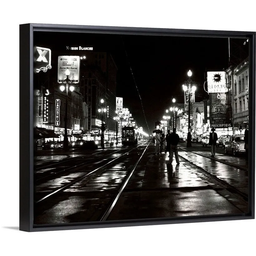 "1950's Night Scene Canal Street New Orleans Louisiana USA" Black Float Frame Canvas Art