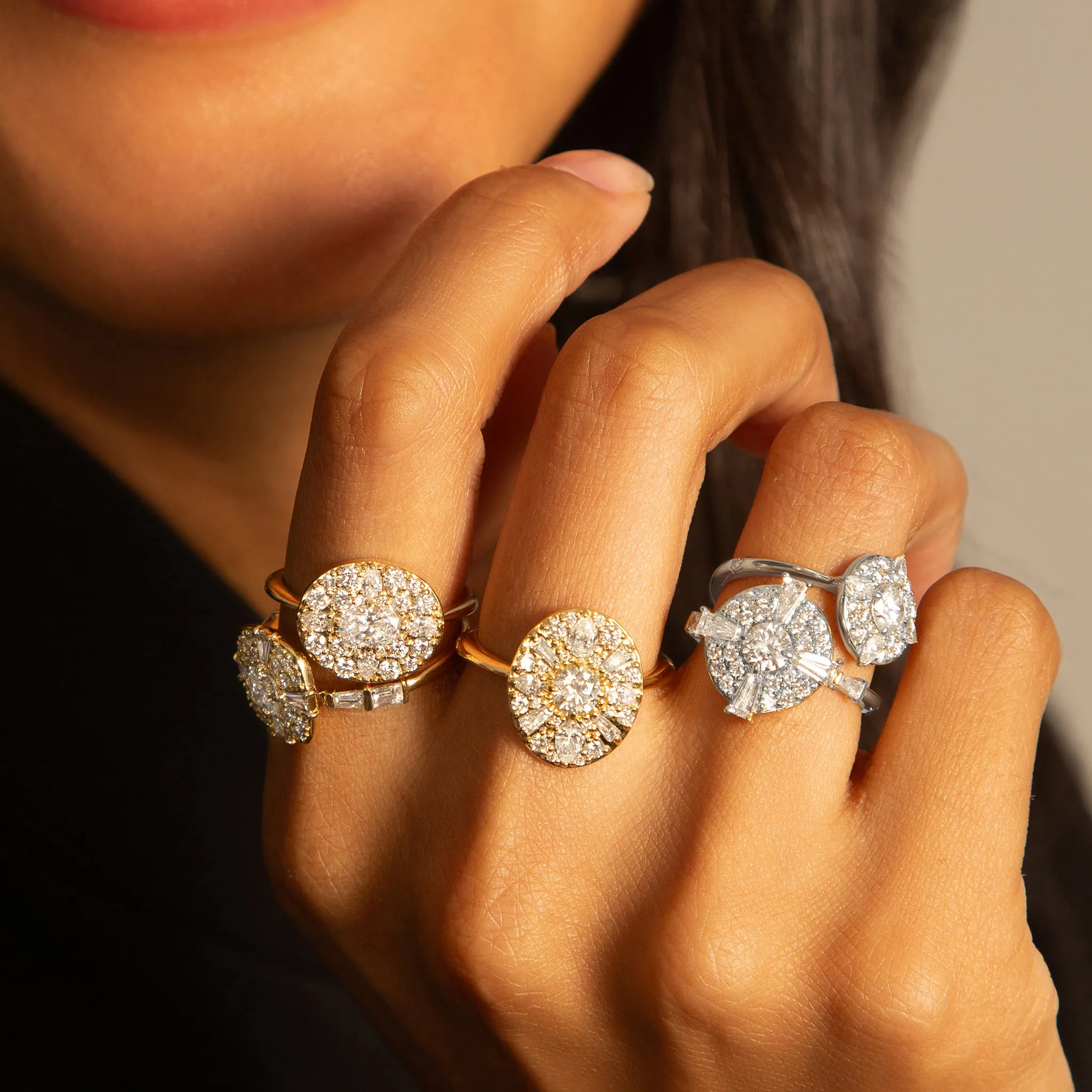 "Points North" Diamond 18K White Gold Ring with Round and Tapered Baguette Diamonds
