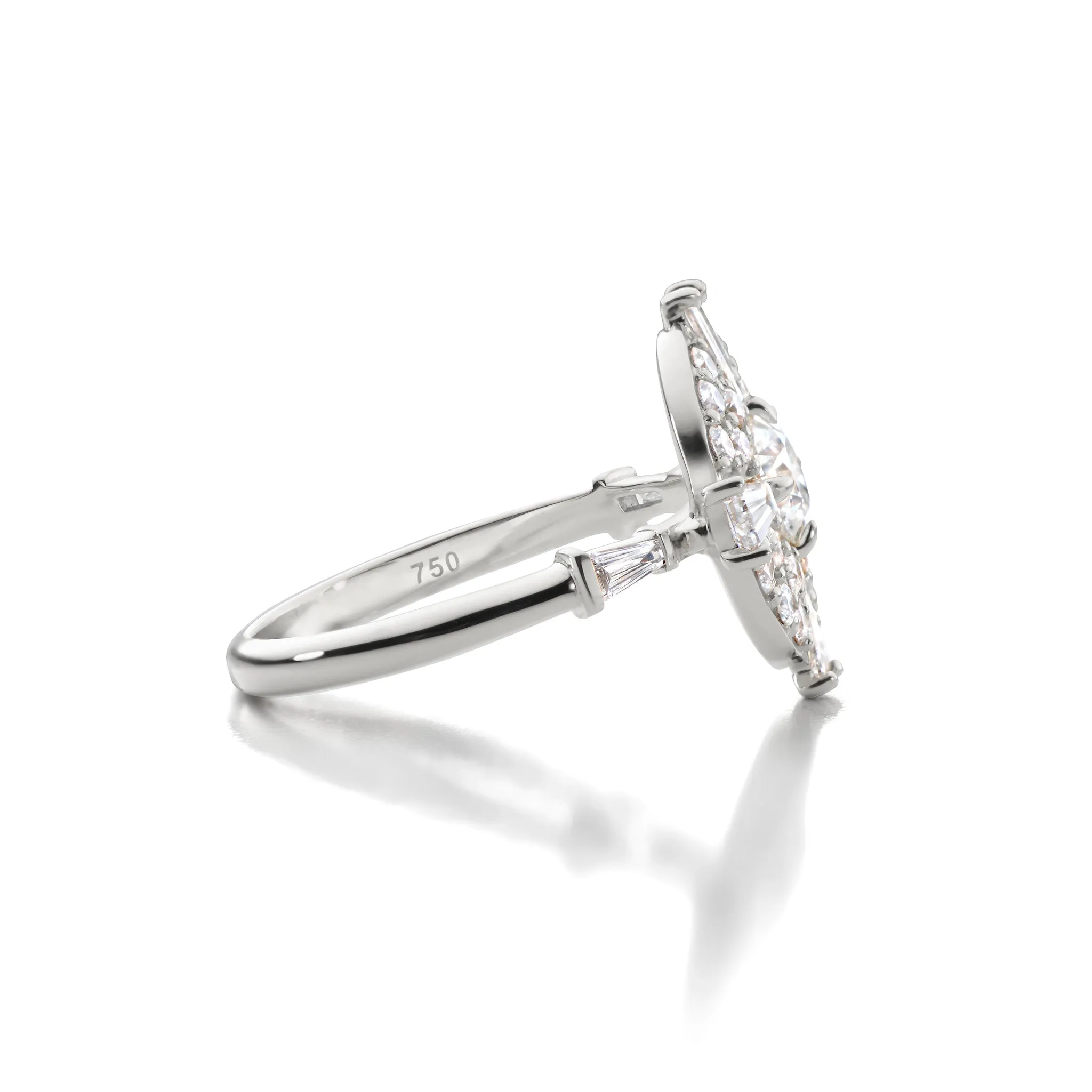 "Points North" Diamond 18K White Gold Ring with Round and Tapered Baguette Diamonds