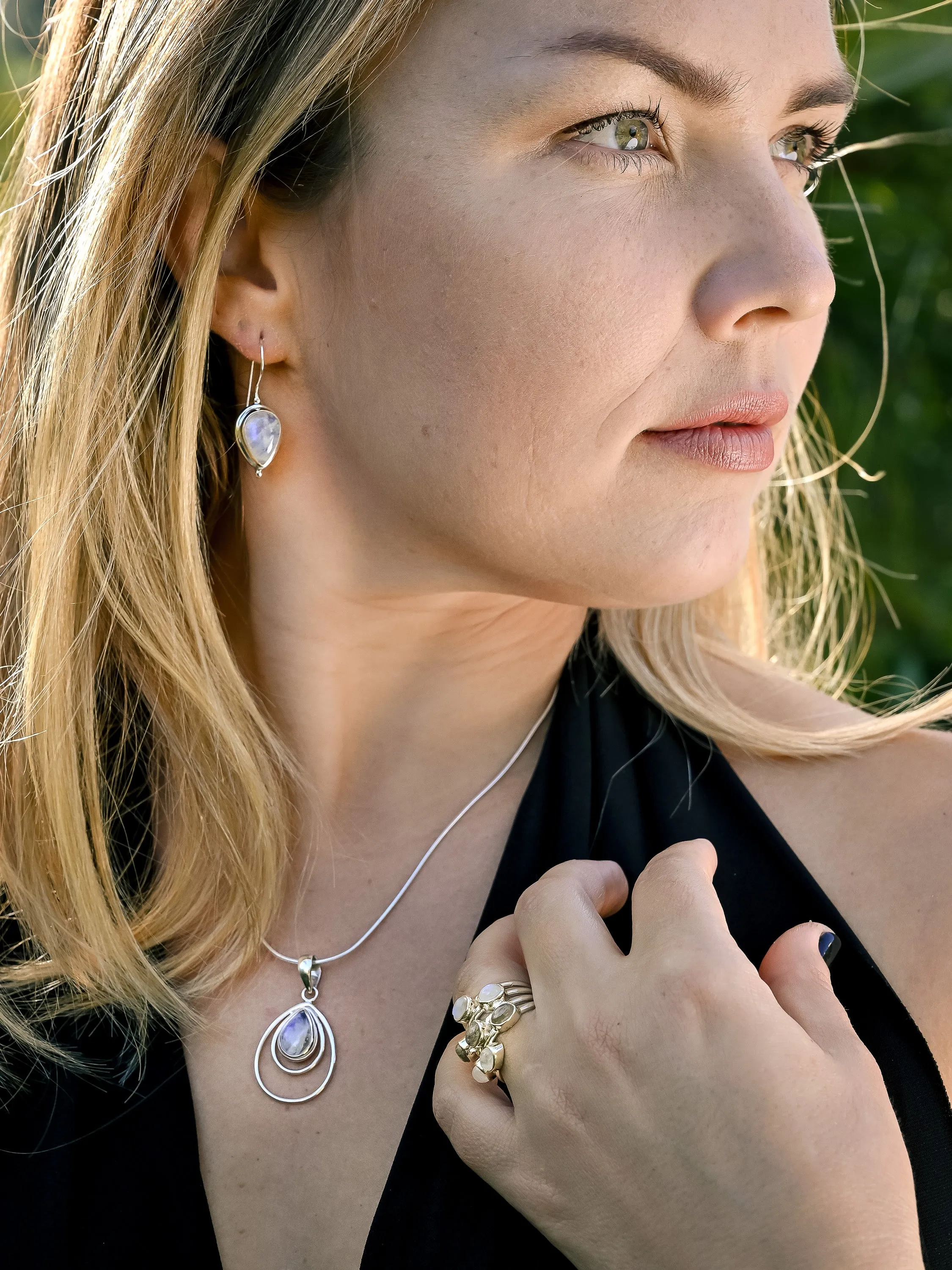 Rainbow Moonstone Teardrop Necklace. 92.5% Sterling Silver