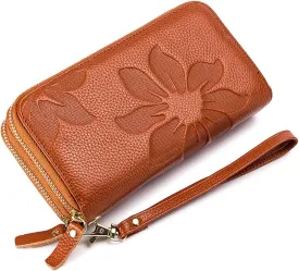 RFID Blocking Womens Leather Wallet, Double Zipper Smartphone Pocket, Embossed Flower with Credit Card Holder, Cash Slots Large Capacity Clutch Wristlet (Brown)