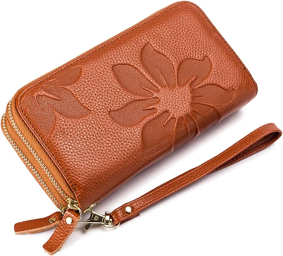RFID Blocking Womens Leather Wallet, Double Zipper Smartphone Pocket, Embossed Flower with Credit Card Holder, Cash Slots Large Capacity Clutch Wristlet (Brown)