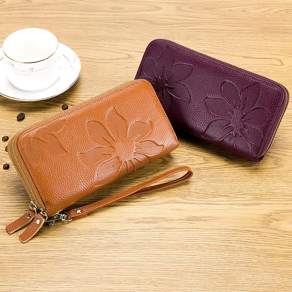 RFID Blocking Womens Leather Wallet, Double Zipper Smartphone Pocket, Embossed Flower with Credit Card Holder, Cash Slots Large Capacity Clutch Wristlet (Brown)