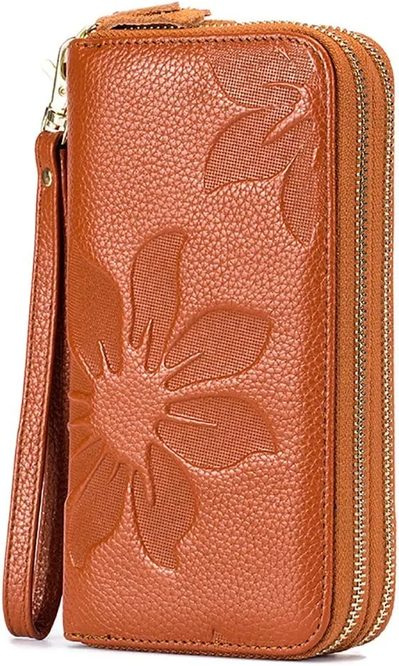 RFID Blocking Womens Leather Wallet, Double Zipper Smartphone Pocket, Embossed Flower with Credit Card Holder, Cash Slots Large Capacity Clutch Wristlet (Brown)