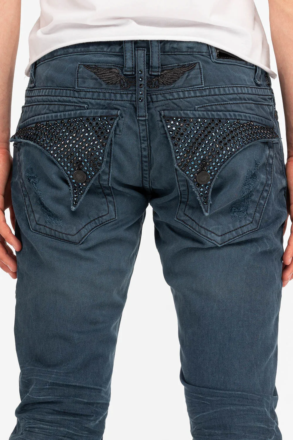 ROBIN'S MENS SLIM LONG FLAP JEANS WITH CRYSTALS IN 4D DARK BROKEN BACKING