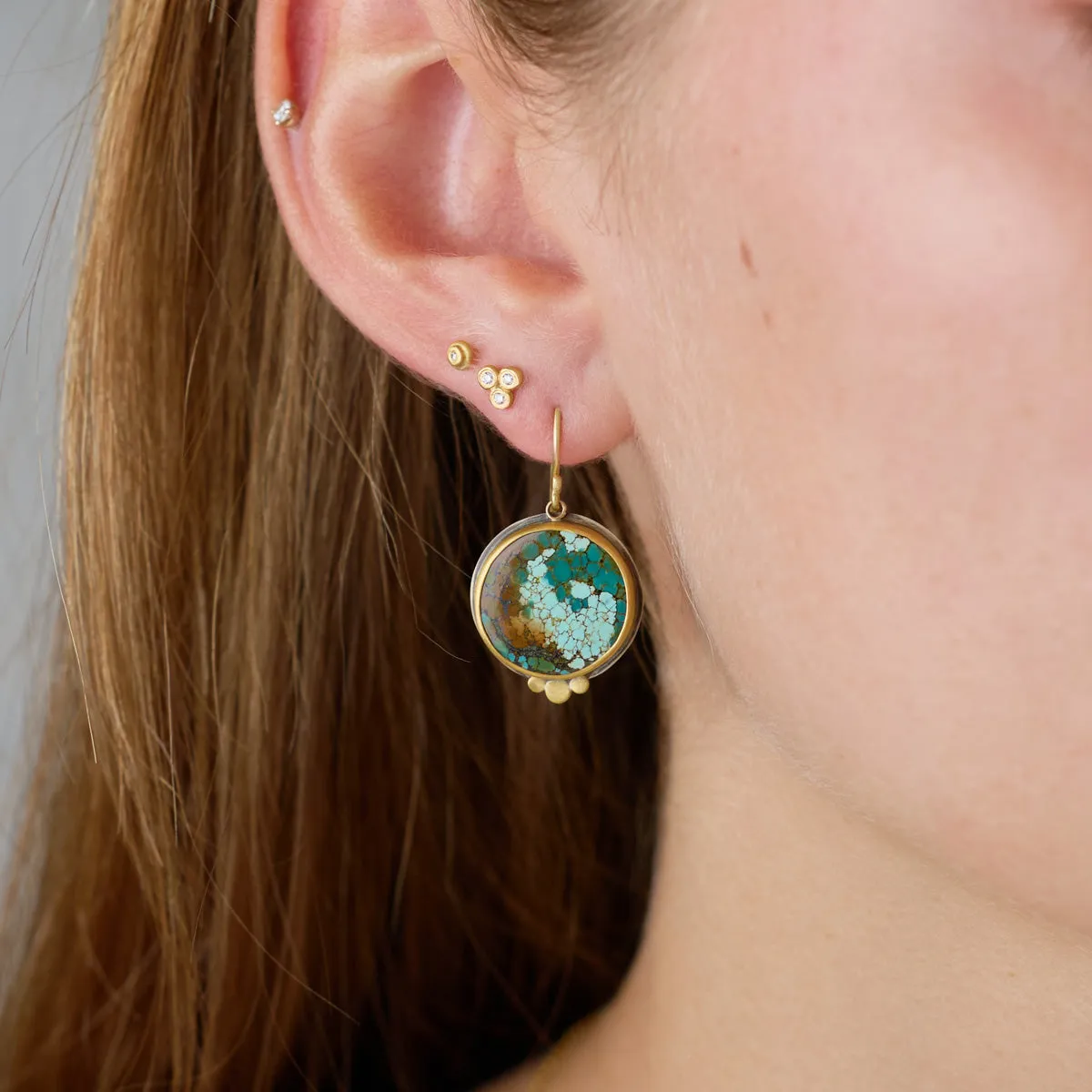 Round Turquoise Earrings with 22k Gold Trios