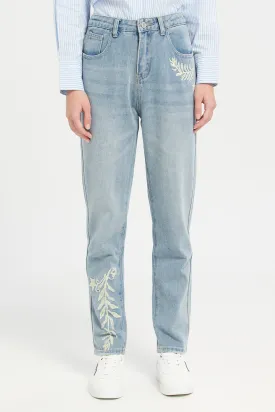 Senior Girls Blue Mom Fit Embroidered Jeans