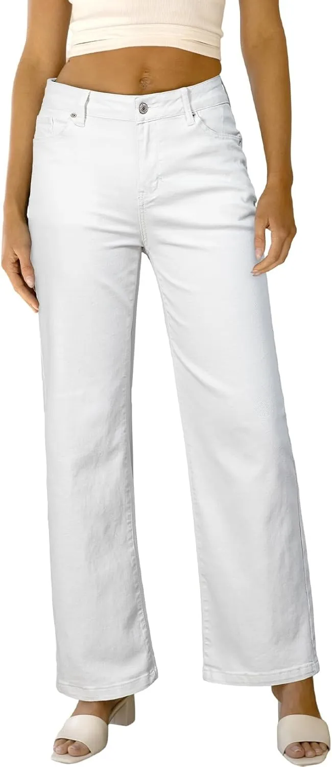 Sidefeel Women's Wide Leg Jeans Casual High Waisted Straight Zimbaplatinum Denim Pants with Pockets