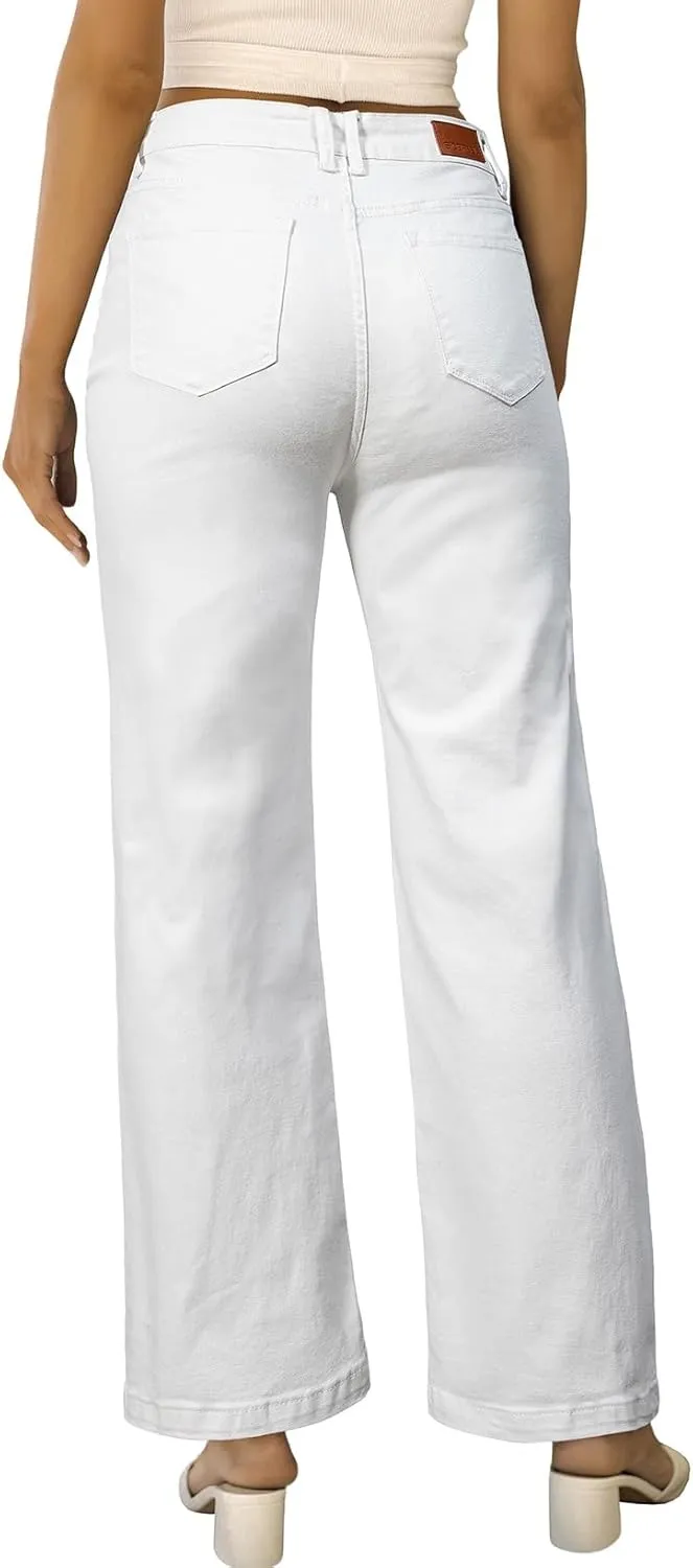 Sidefeel Women's Wide Leg Jeans Casual High Waisted Straight Zimbaplatinum Denim Pants with Pockets