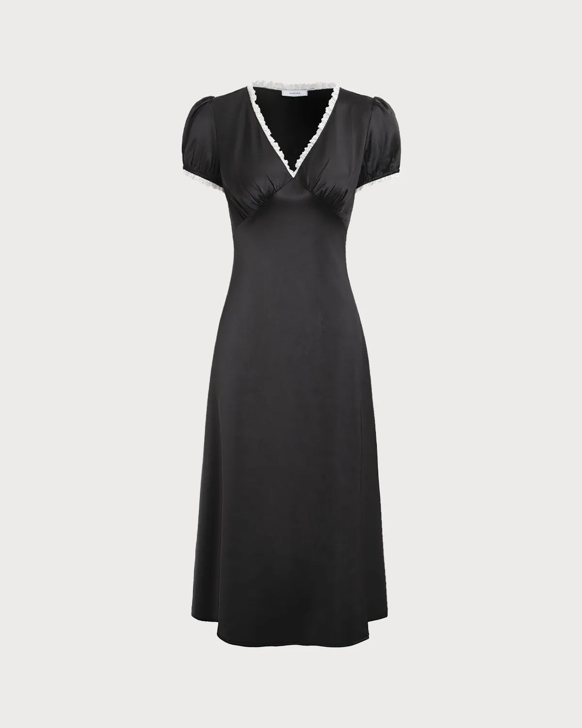 The Black V-Neck Lace Trim Satin Midi Dress