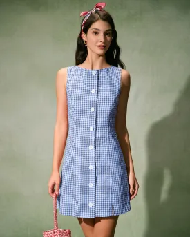 The Blue Boat Neck Cotton Plaid Mini Dress
