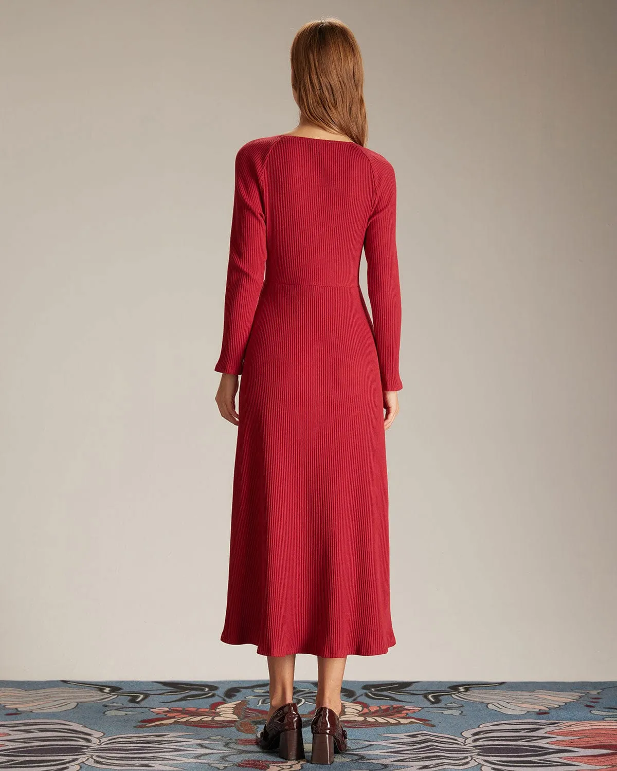 The Red Ribbed Side Split A-Line Maxi Dress