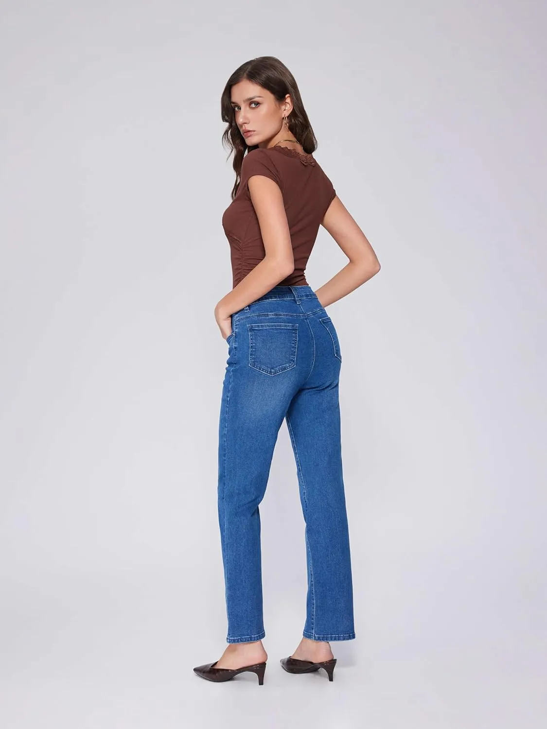 Vinova Womens Straight Leg Jeans for Women Stretchy Mid Waisted Trendy Denim Pants Bottoms with Pockets