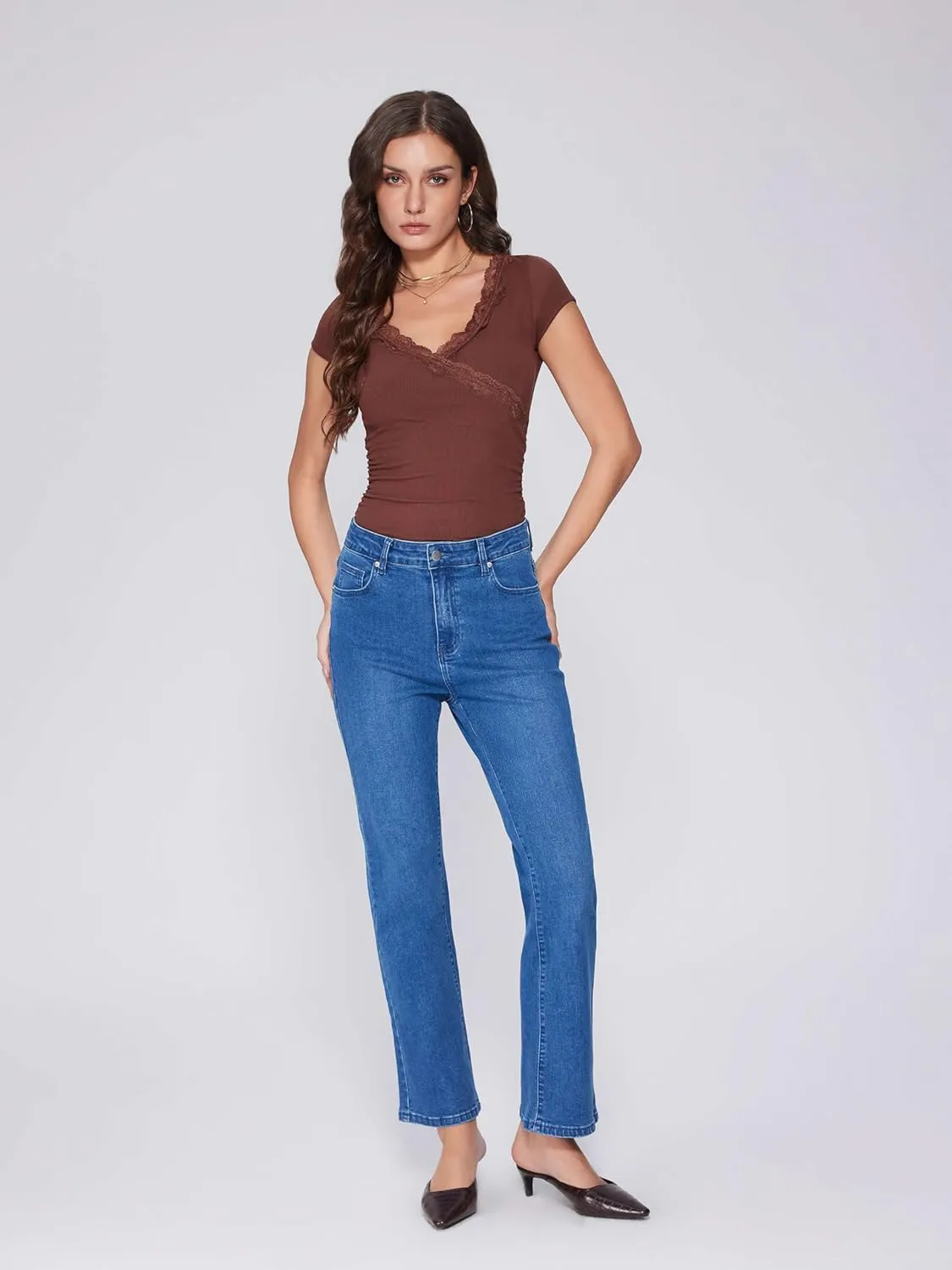 Vinova Womens Straight Leg Jeans for Women Stretchy Mid Waisted Trendy Denim Pants Bottoms with Pockets