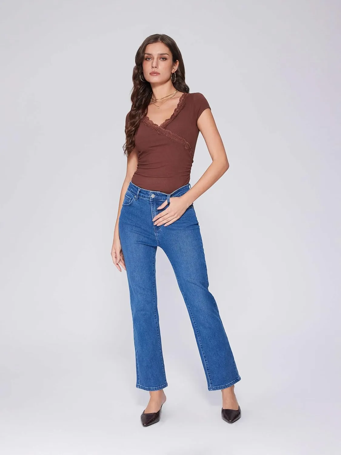 Vinova Womens Straight Leg Jeans for Women Stretchy Mid Waisted Trendy Denim Pants Bottoms with Pockets