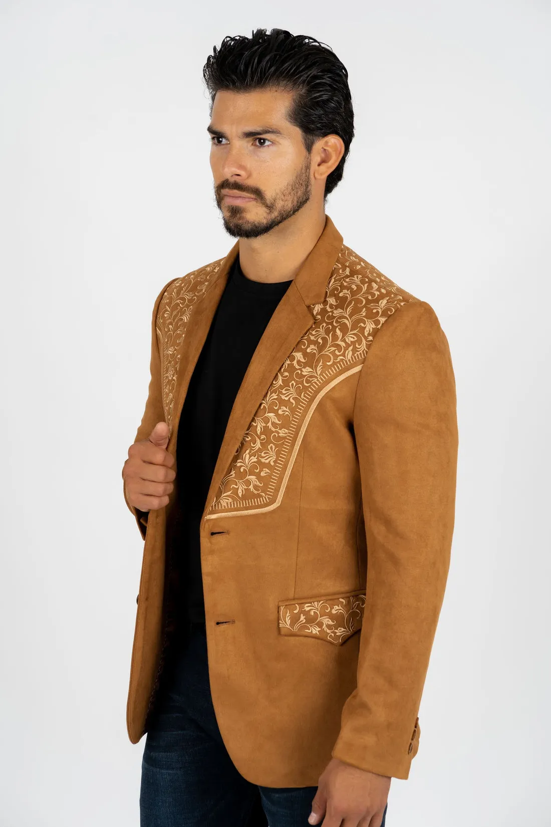 Western Camel Embroidered Faux Suede Blazer