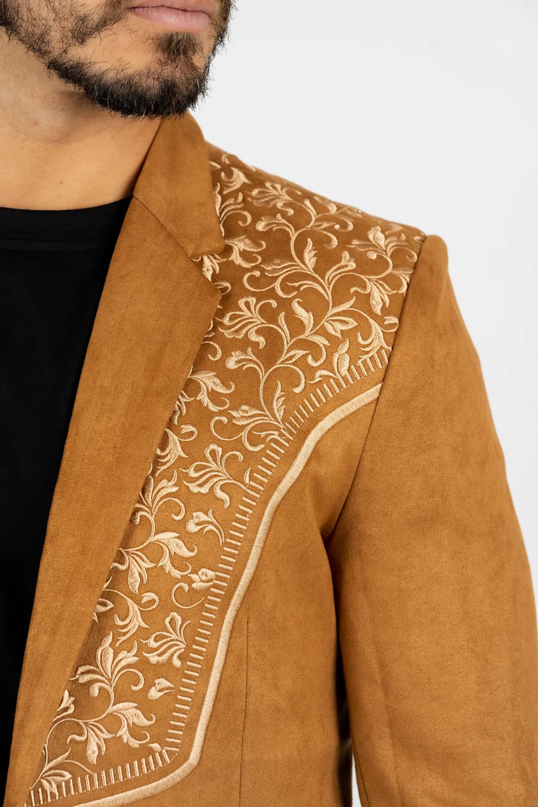 Western Camel Embroidered Faux Suede Blazer