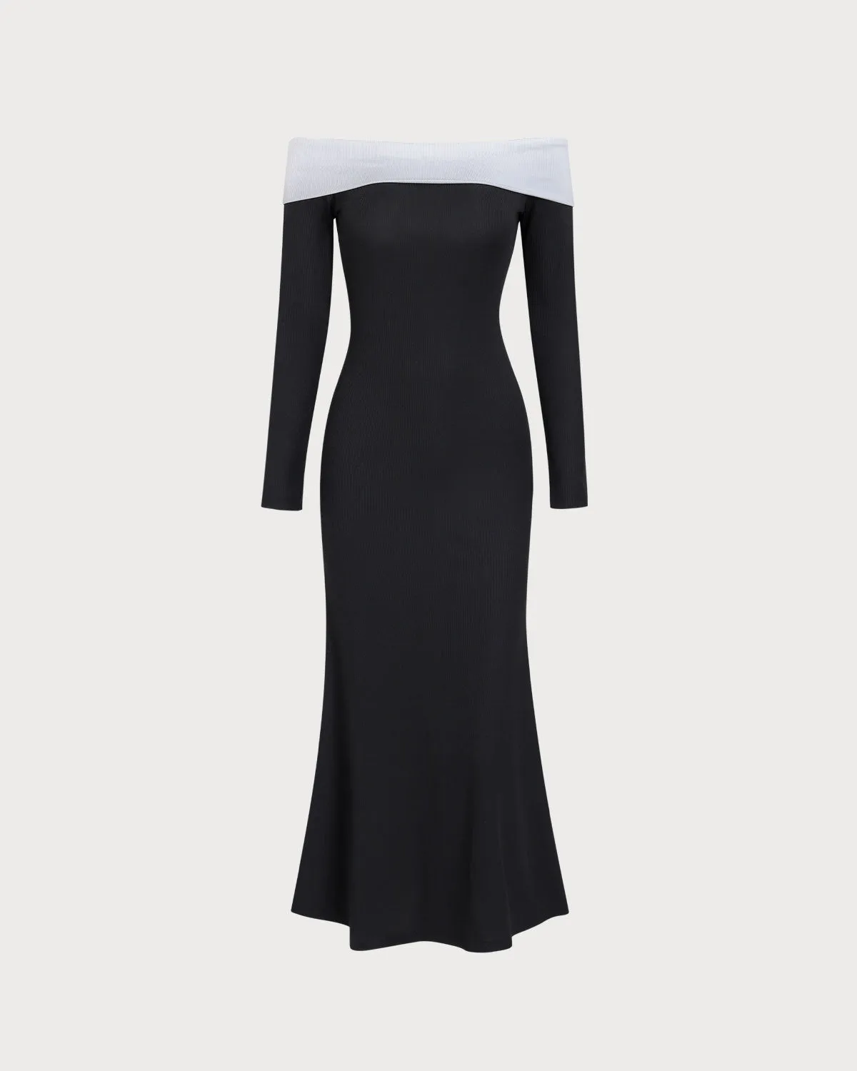 Elegant Womens Black Maxi Dress with Contrasting Off-the-Shoulder Design