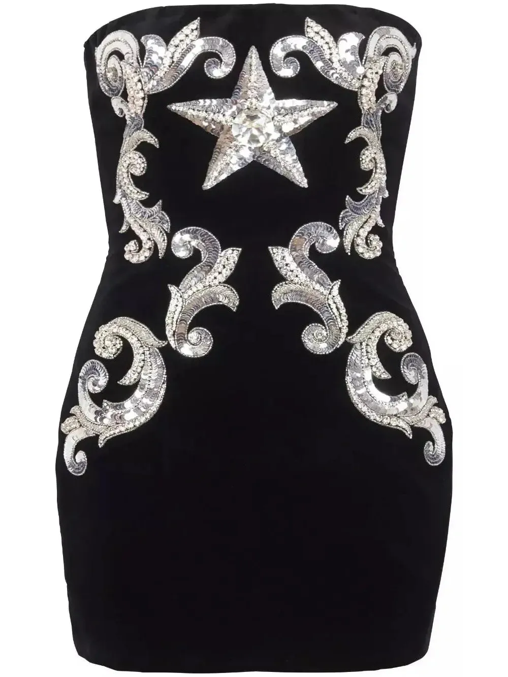 Women’s Black Velvet Paisley-Embroidered Strapless Dress