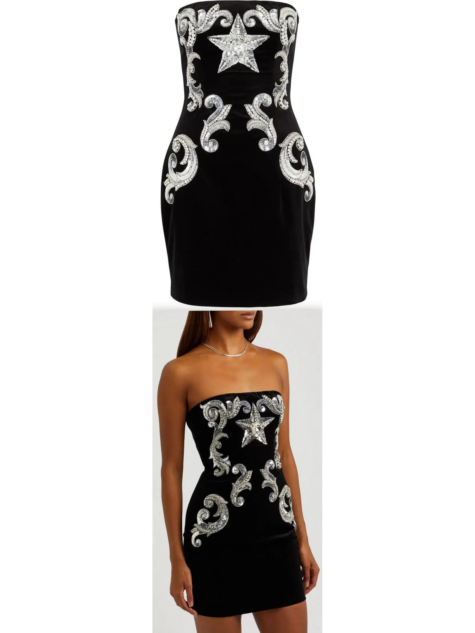 Women’s Black Velvet Paisley-Embroidered Strapless Dress