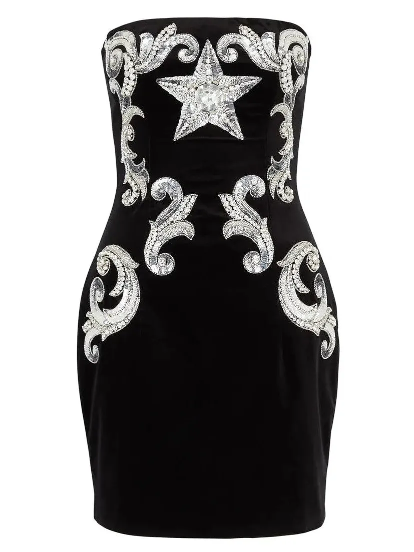 Women’s Black Velvet Paisley-Embroidered Strapless Dress
