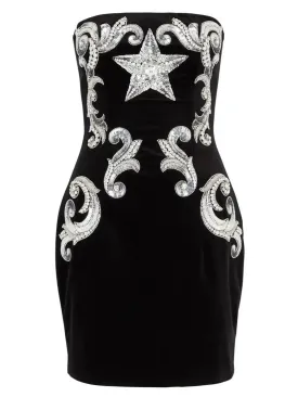 Women’s Black Velvet Paisley-Embroidered Strapless Dress