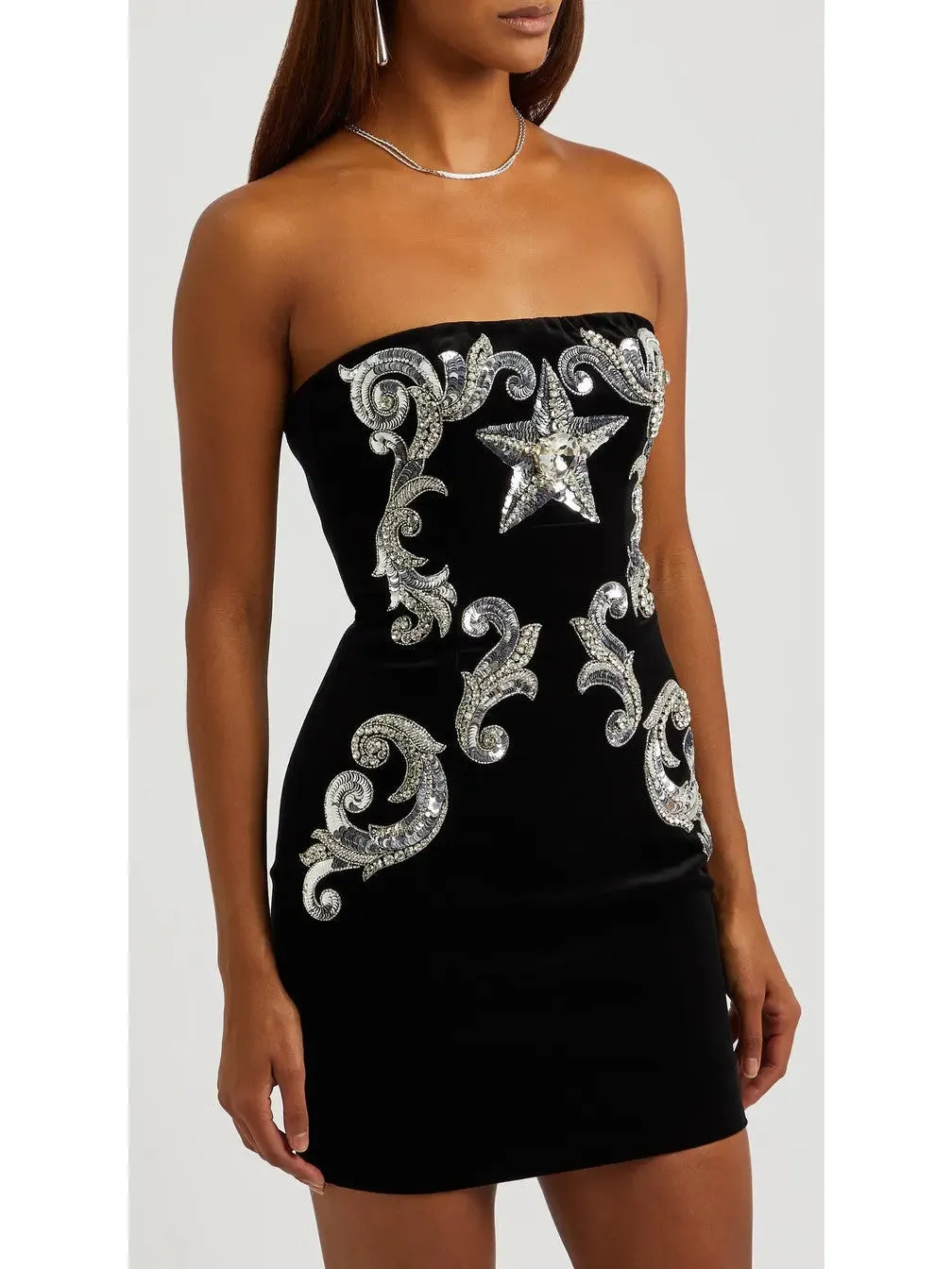 Women’s Black Velvet Paisley-Embroidered Strapless Dress