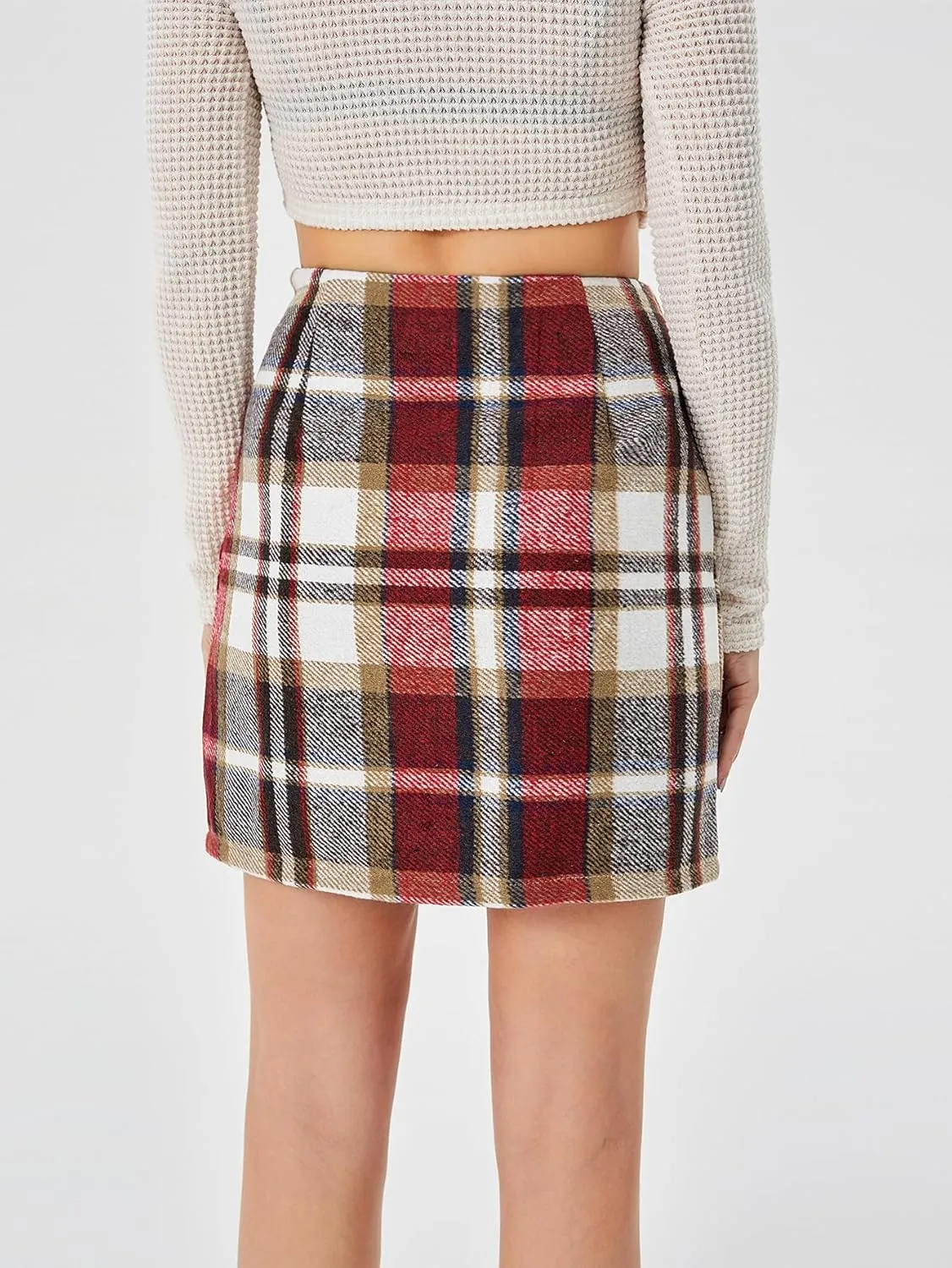 Women's Casual Plaid Skirt Zipper Side High Waisted Bodycon Mini Skirt