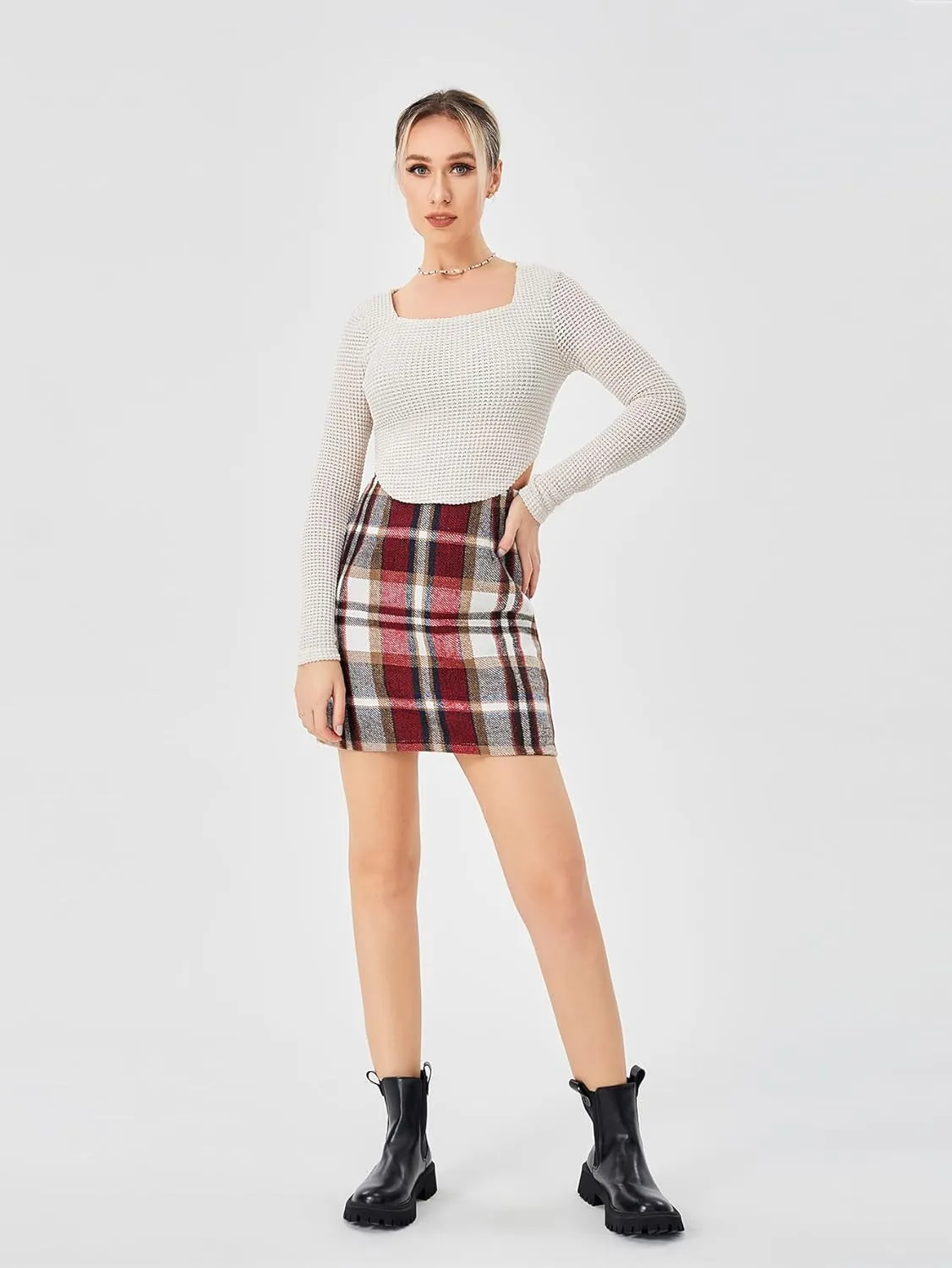 Women's Casual Plaid Skirt Zipper Side High Waisted Bodycon Mini Skirt