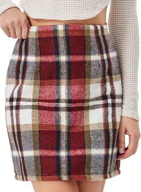 Women's Casual Plaid Skirt Zipper Side High Waisted Bodycon Mini Skirt