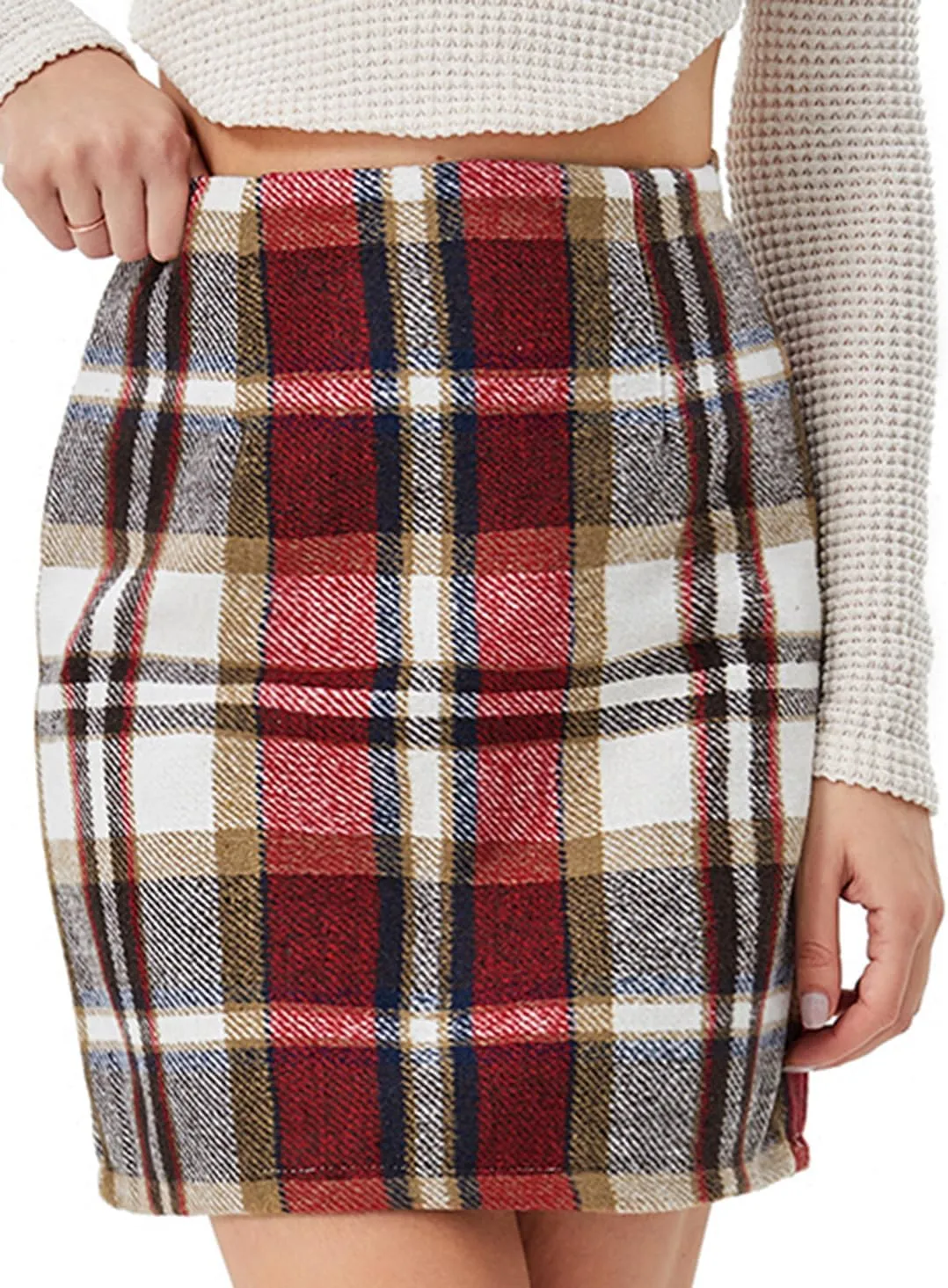 Women's Casual Plaid Skirt Zipper Side High Waisted Bodycon Mini Skirt