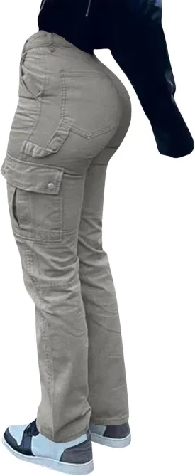 Women's Fashion Solid Color Hip High Waist Multi-Pocket Workwear Dressy Casual Jeans