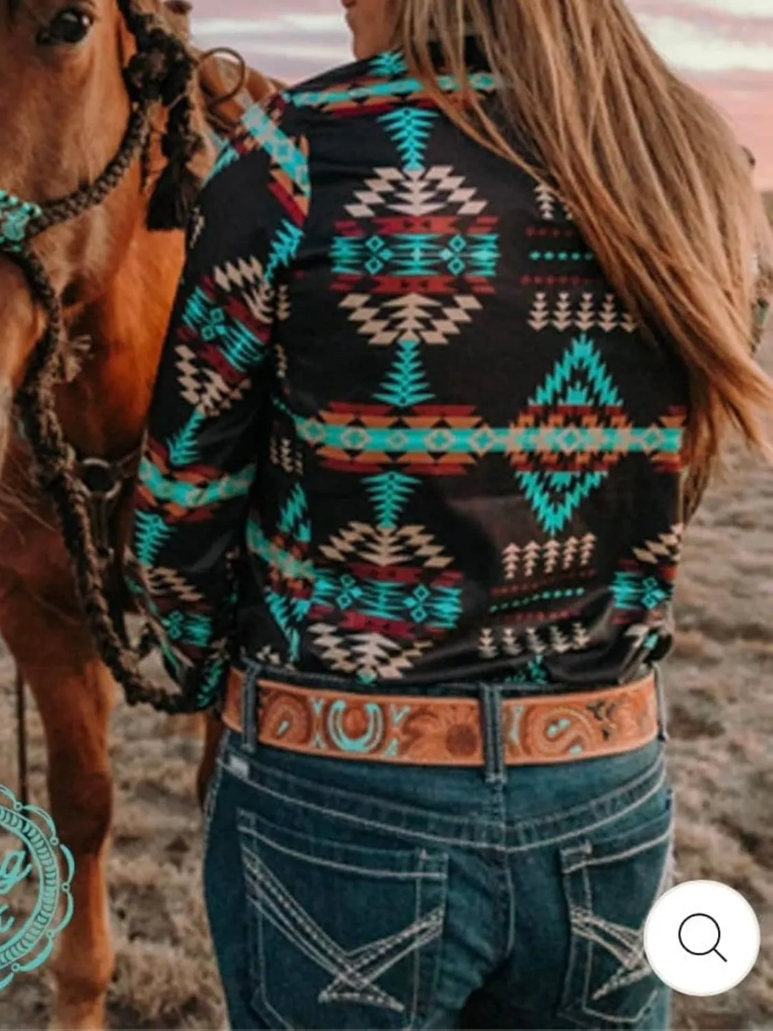 Women's Retro Aztec Shirt Western Cowgirl Pearl Snap Blouses Button Up Long Sleeve Ethnic Printed Top