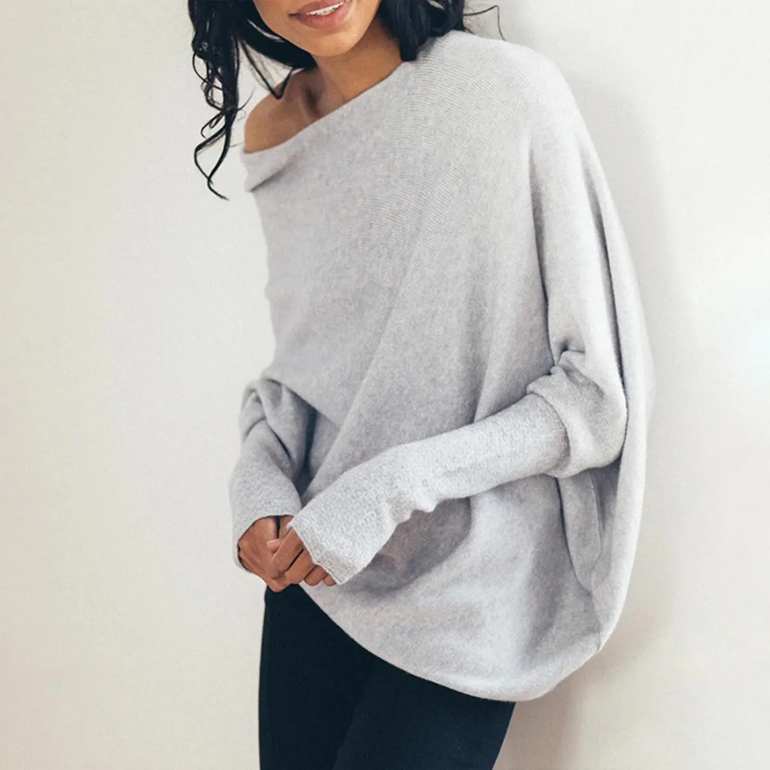 Women's Sexy Off Shoulder Asymmetric Draped Jumper Batwing Sleeve Loose Pullover Long Sleeve Sweaters Tops