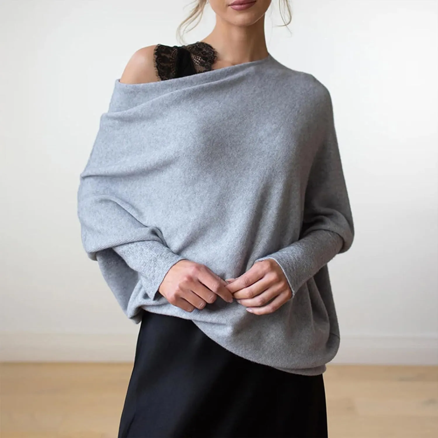 Women's Sexy Off Shoulder Asymmetric Draped Jumper Batwing Sleeve Loose Pullover Long Sleeve Sweaters Tops
