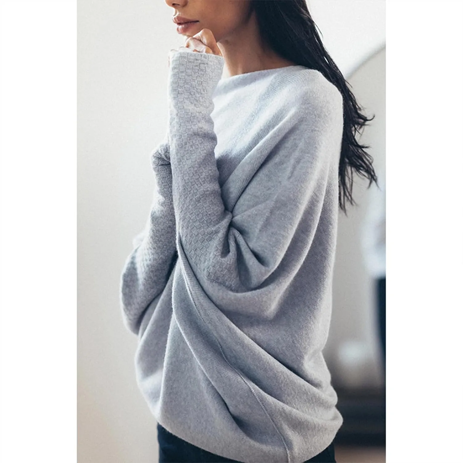 Women's Sexy Off Shoulder Asymmetric Draped Jumper Batwing Sleeve Loose Pullover Long Sleeve Sweaters Tops
