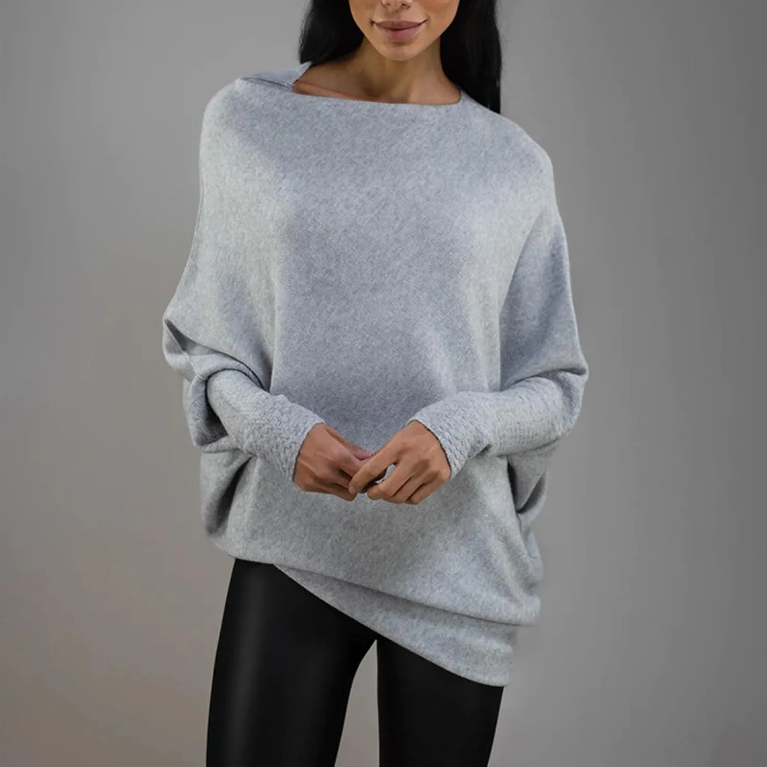 Women's Sexy Off Shoulder Asymmetric Draped Jumper Batwing Sleeve Loose Pullover Long Sleeve Sweaters Tops
