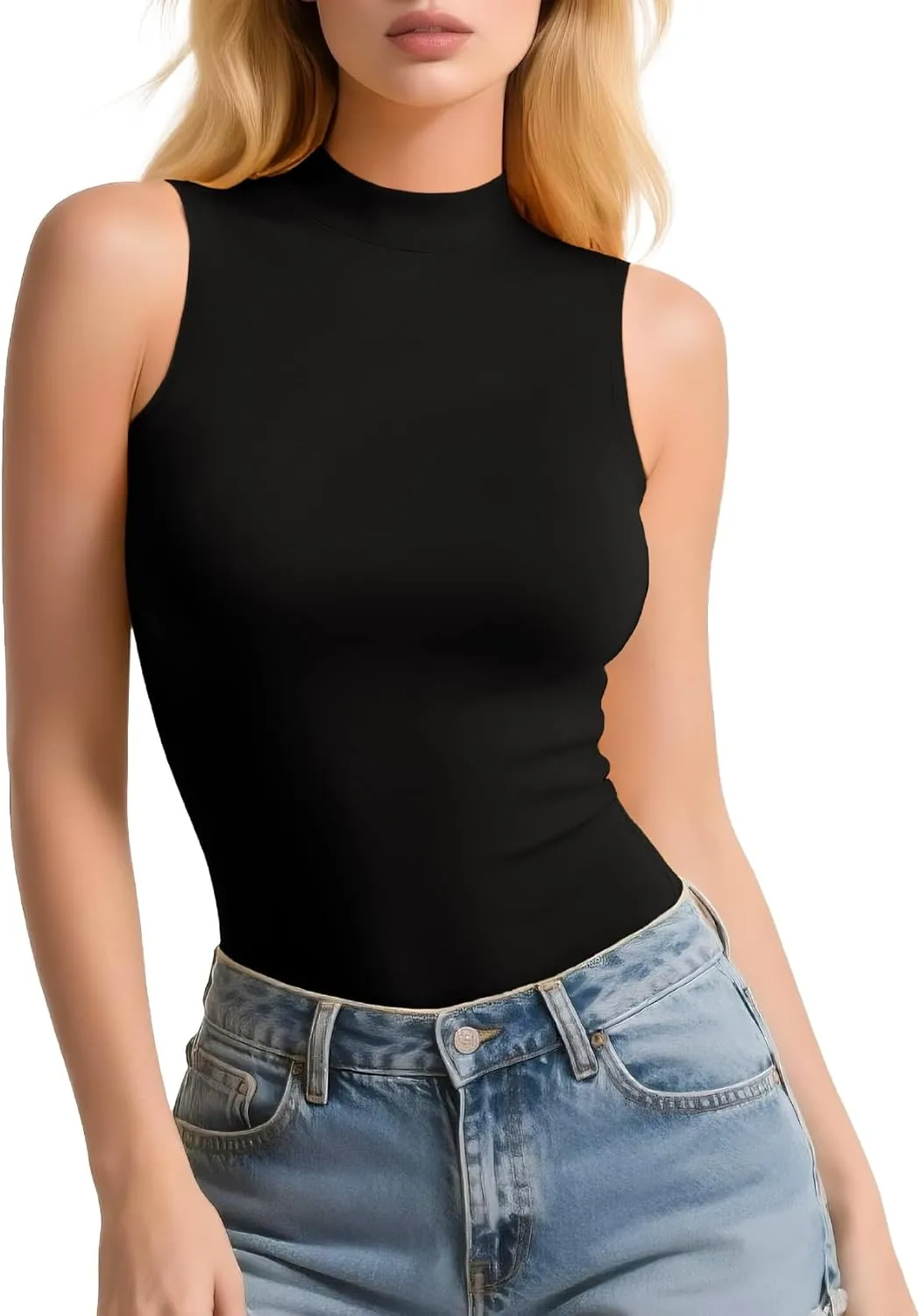 Womens Sleeveless Mock Turtleneck Tank Top Slim Fit Shirt Lightweight Layering Tee Casual Office Wear